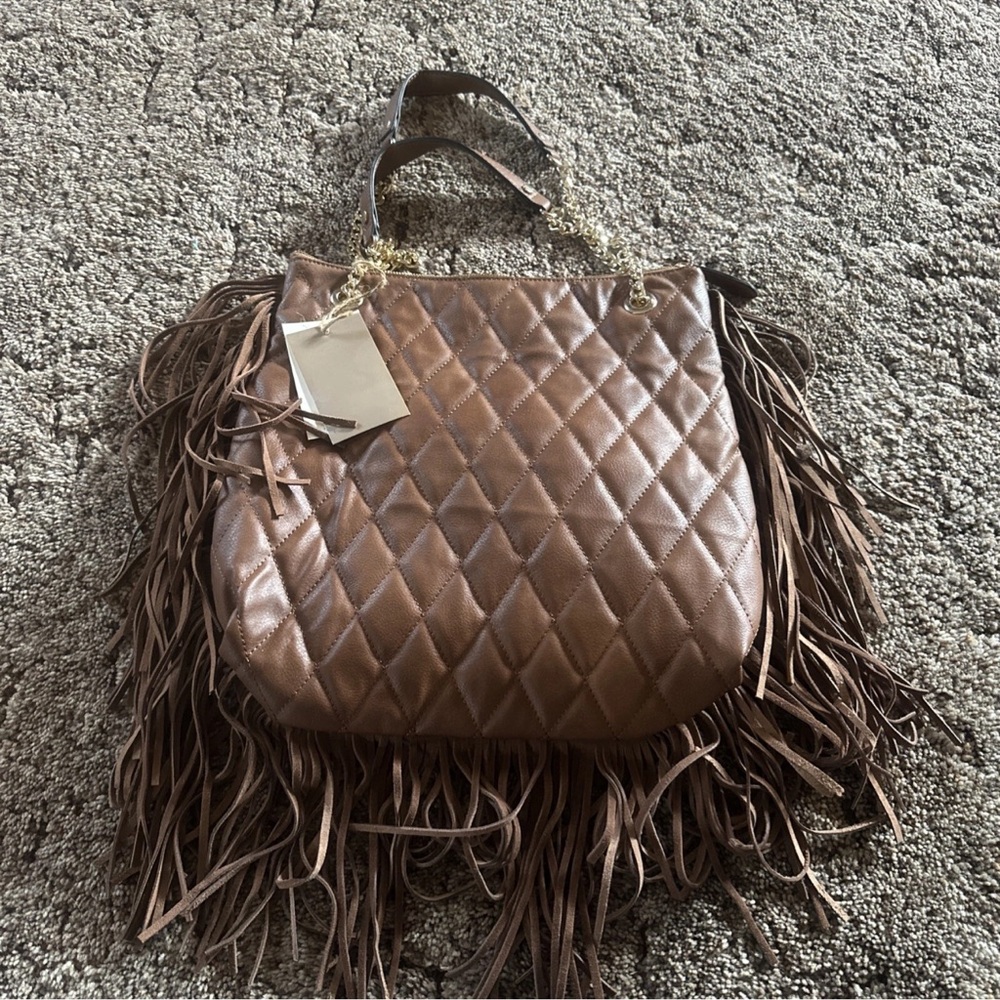 Antik Kraft Quilted Brown Fringe Shoulder Bag new